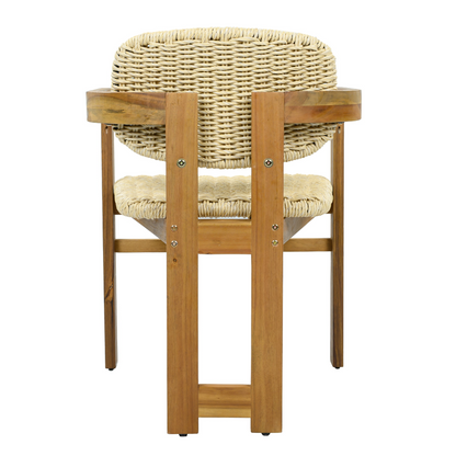 Beige rattan accent chair with wooden legs, ideal for living room or bedroom seating, by Start2Finish.