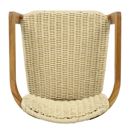 Beige rattan accent chair with wooden legs, perfect for living room or bedroom seating, by Start2Finish.