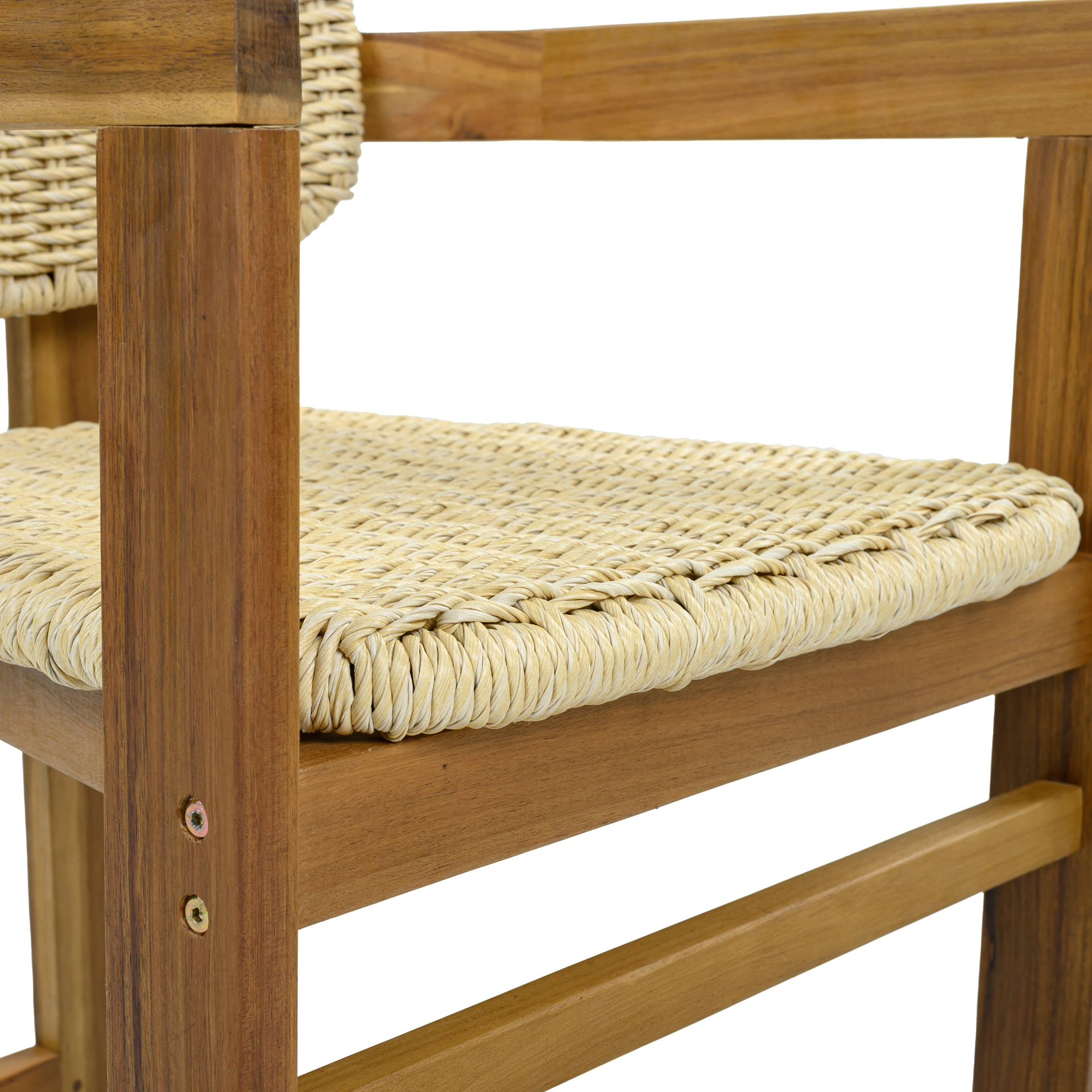 Beige rattan accent chair with wooden legs, ideal for living room or bedroom seating by Start2Finish.