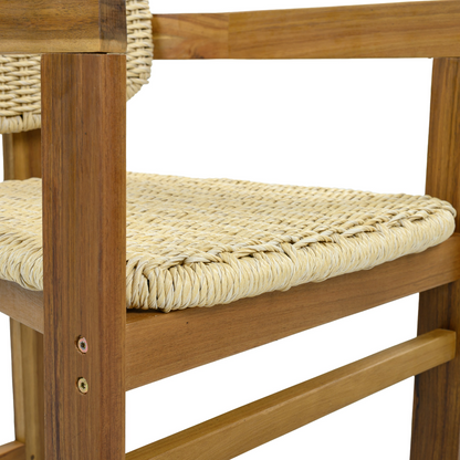 Beige rattan accent chair with wooden legs, ideal for living room or bedroom seating by Start2Finish.