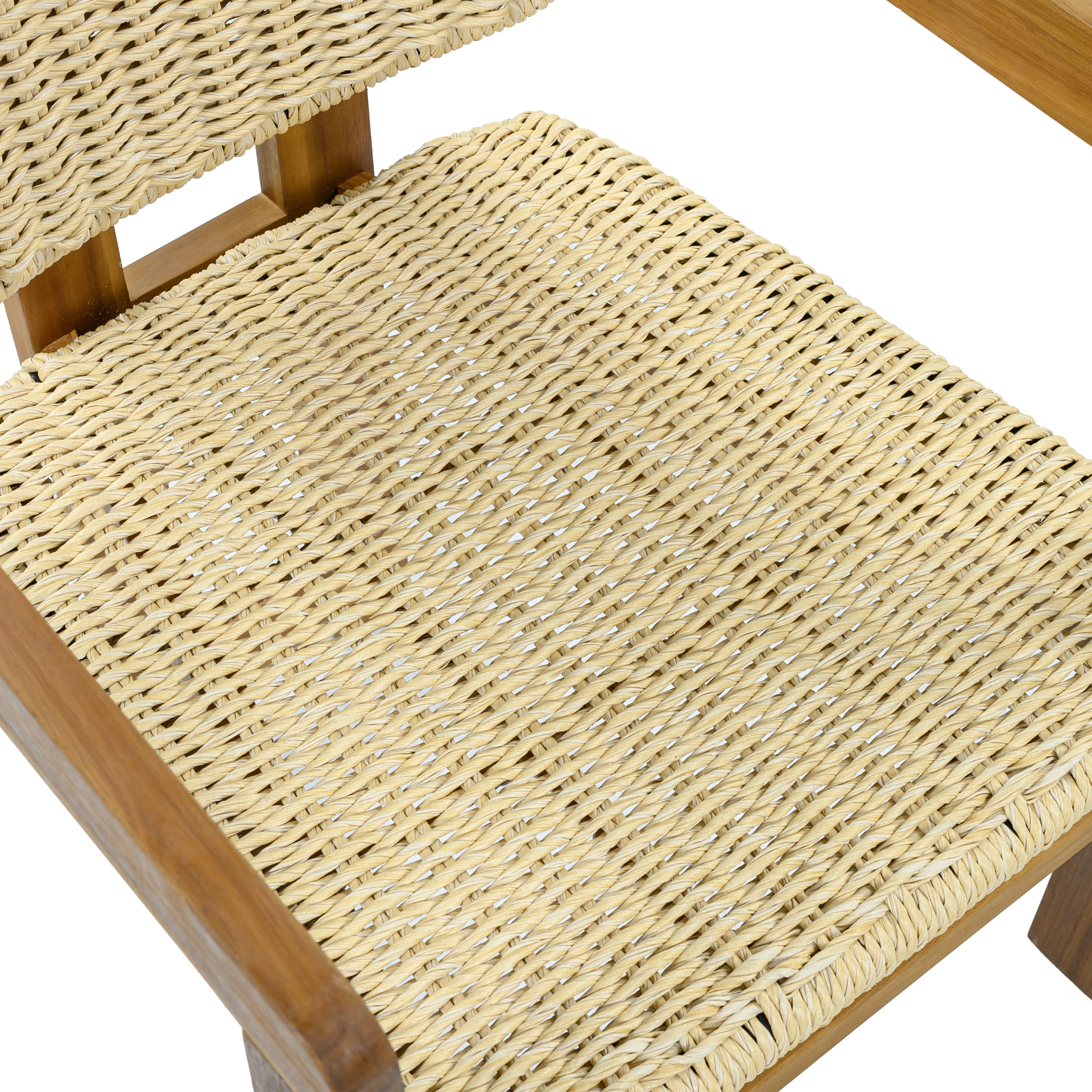 Beige rattan accent chair with wooden legs, ideal for living room or bedroom seating, by Start2Finish.