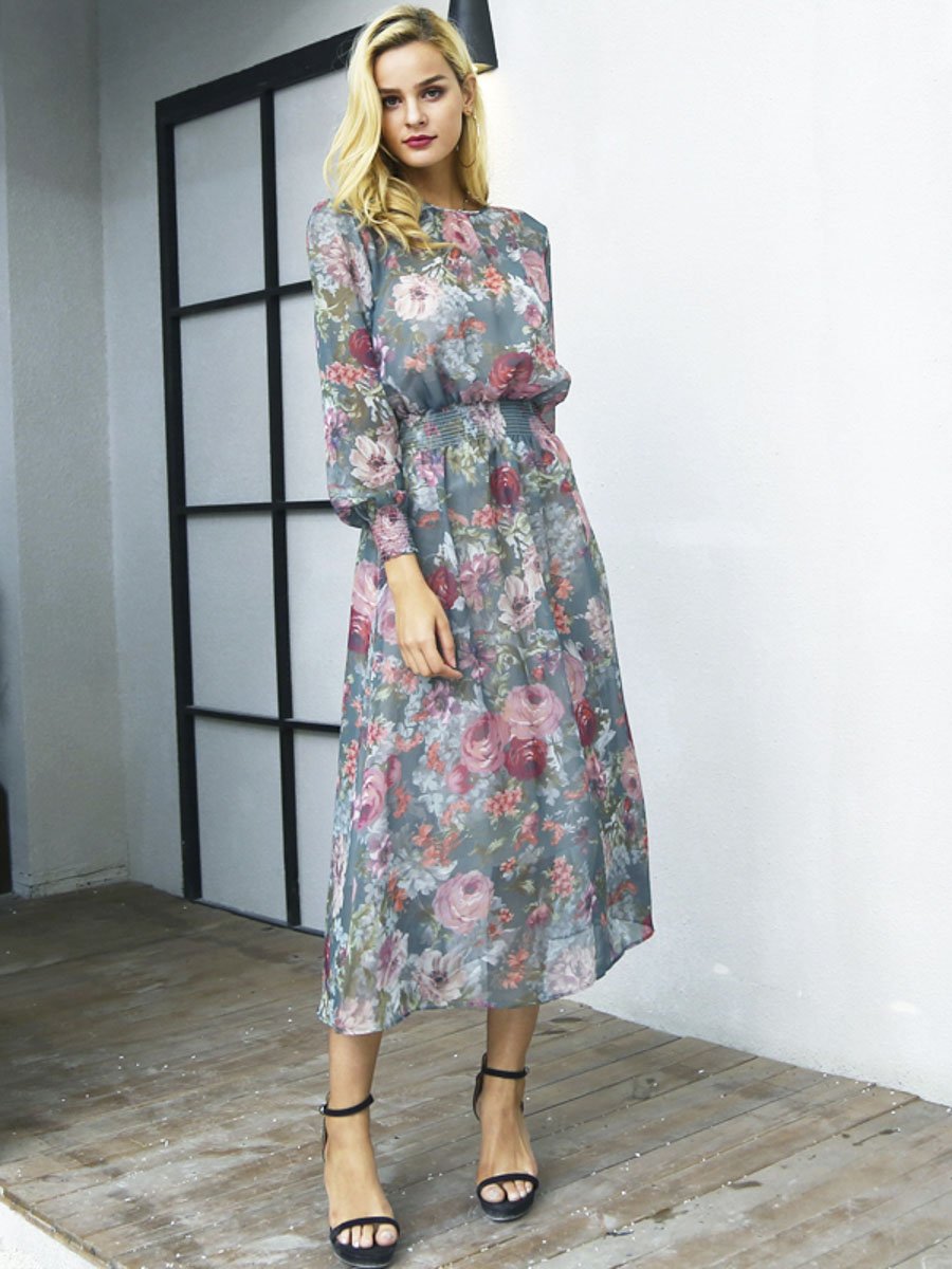Elegant floral print long dress women two piece