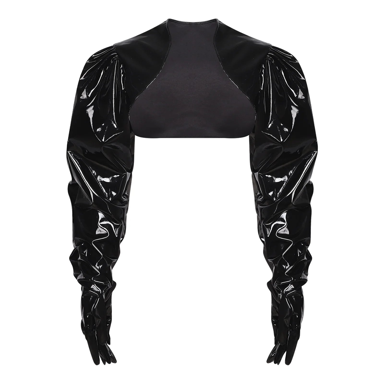 Womens Wet Look PU Leather Cardigan Crop Jacket Puff Loose Long Sleeve Open Front Coat Shrug Shawls with Gloves Party Clubwear