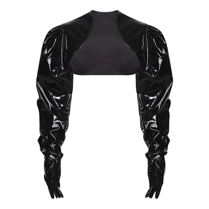 Womens Wet Look PU Leather Cardigan Crop Jacket Puff Loose Long Sleeve Open Front Coat Shrug Shawls with Gloves Party Clubwear