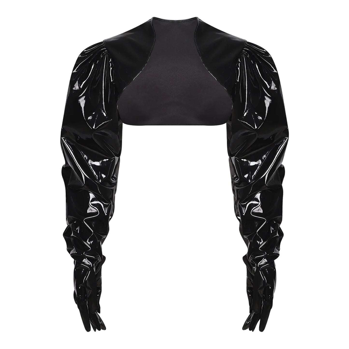 Womens Wet Look PU Leather Cardigan Crop Jacket Puff Loose Long Sleeve Open Front Coat Shrug Shawls with Gloves Party Clubwear