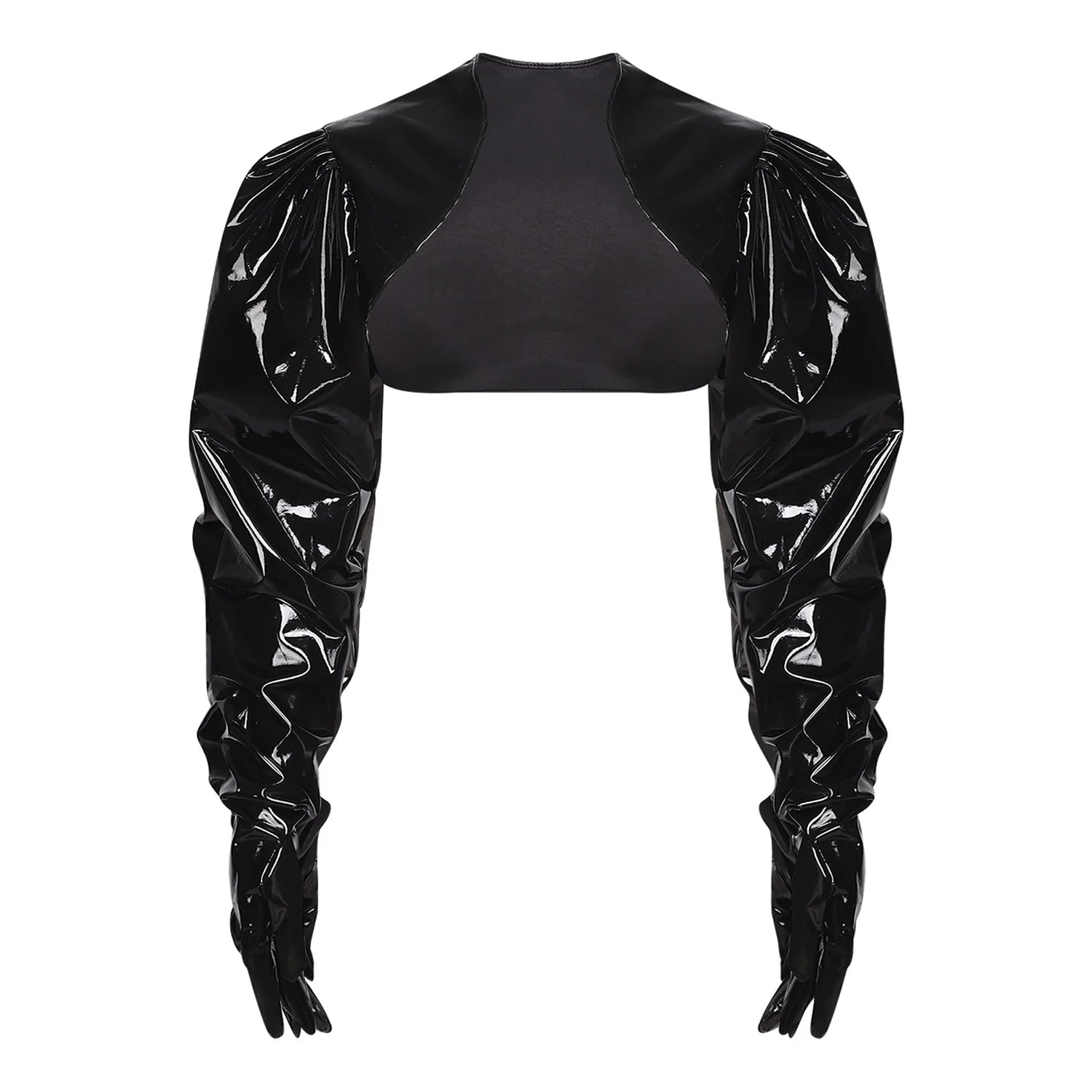 Womens Wet Look PU Leather Cardigan Crop Jacket Puff Loose Long Sleeve Open Front Coat Shrug Shawls with Gloves Party Clubwear
