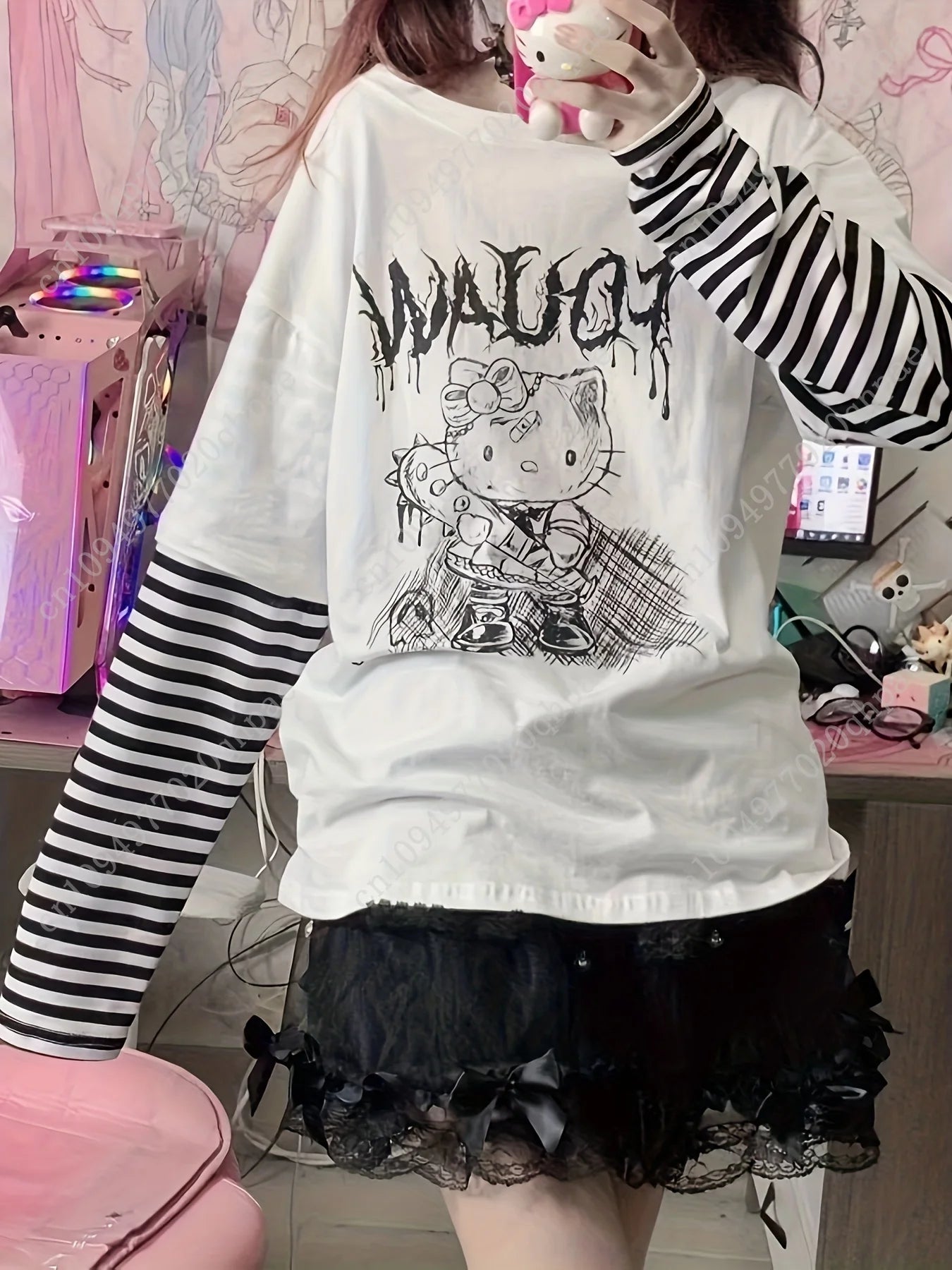 1pc Tops Sanrio Hello Kitty Japanese Sweet Cool T-Shirt Women New Loose False Two Pieces Long Sleeve Kitty Tops Women