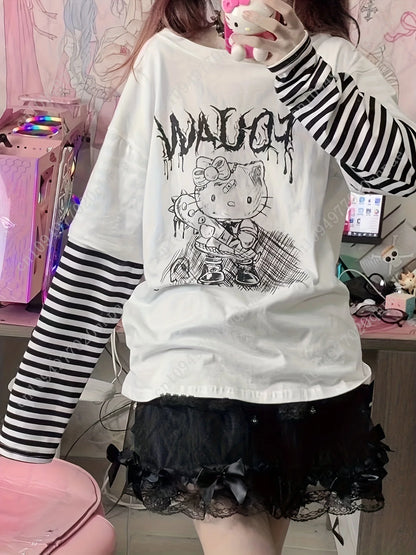 1pc Tops Sanrio Hello Kitty Japanese Sweet Cool T-Shirt Women New Loose False Two Pieces Long Sleeve Kitty Tops Women