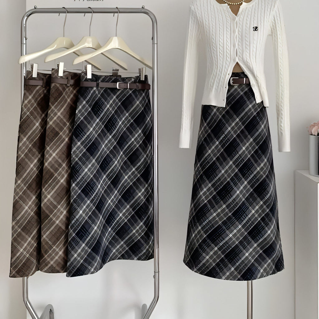 High Waist Mid-length Woolen Plaid Skirt For Women