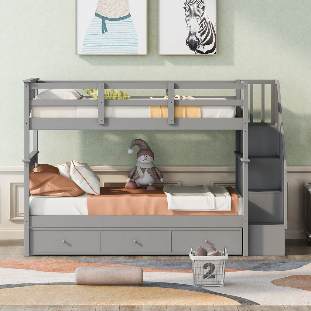 Stairway Twin-Over-Twin Bunk Bed with Three Drawers for Bedroom, Dorm
