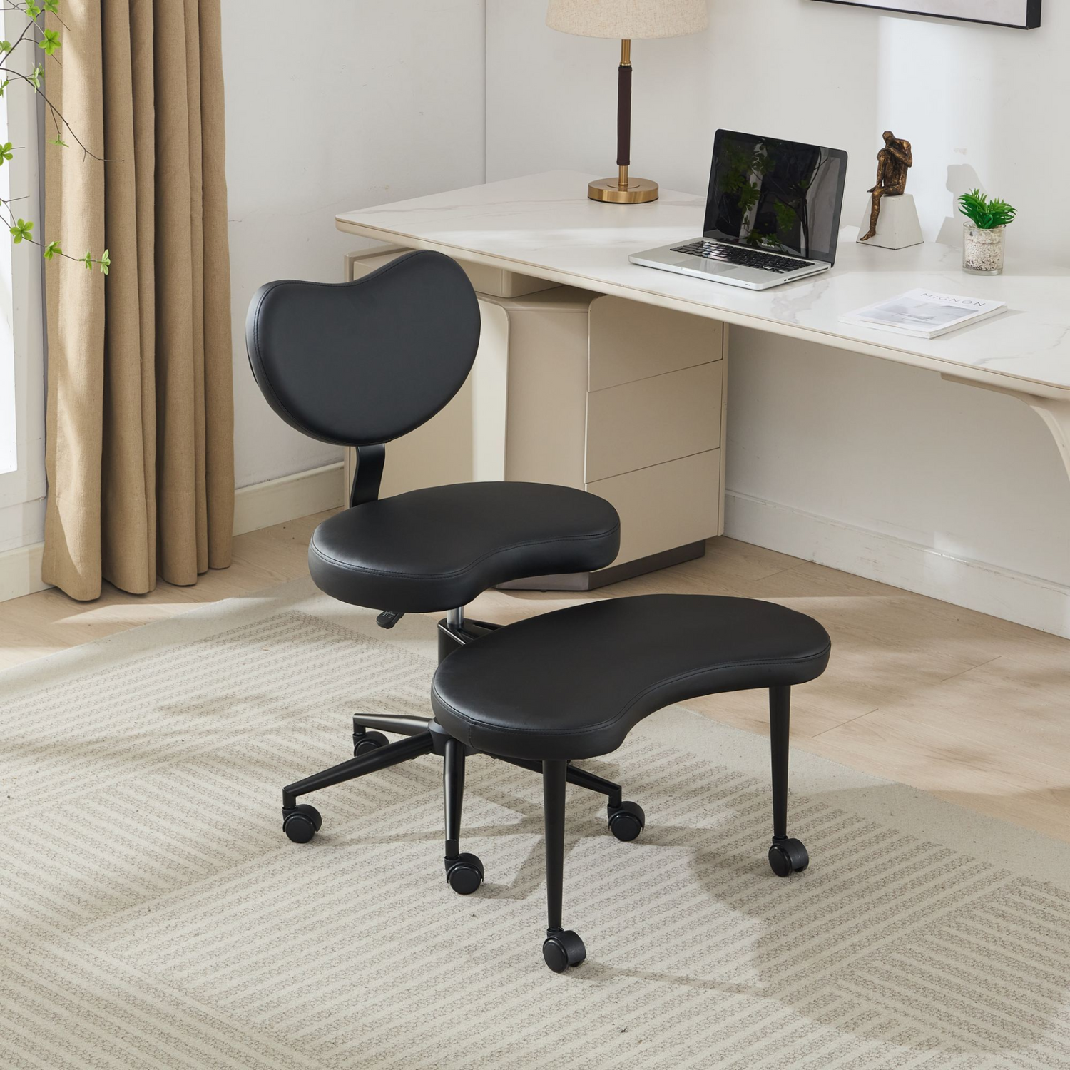 Black PU leather office chair by Start2Finish with USB port, power access, swivel function, ideal for home office or vanity desk.