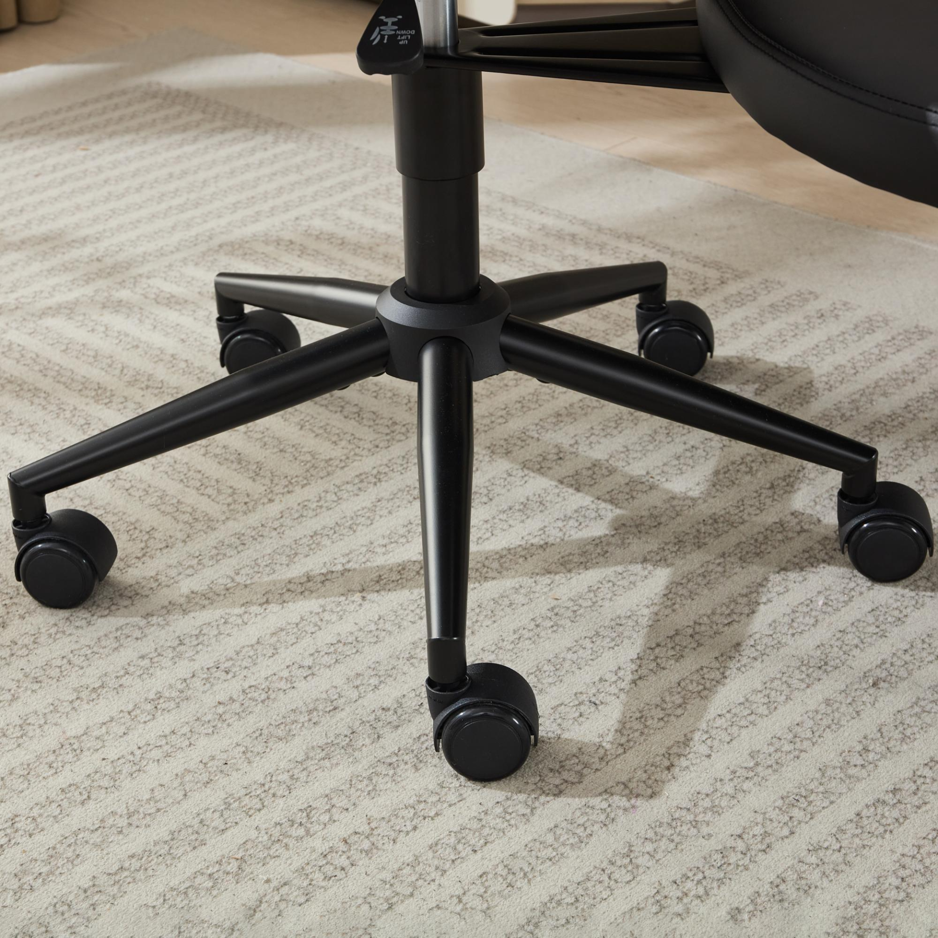 Black PU leather office chair by Start2Finish with USB port, power access, swivel base, ideal for home office or vanity desk.
