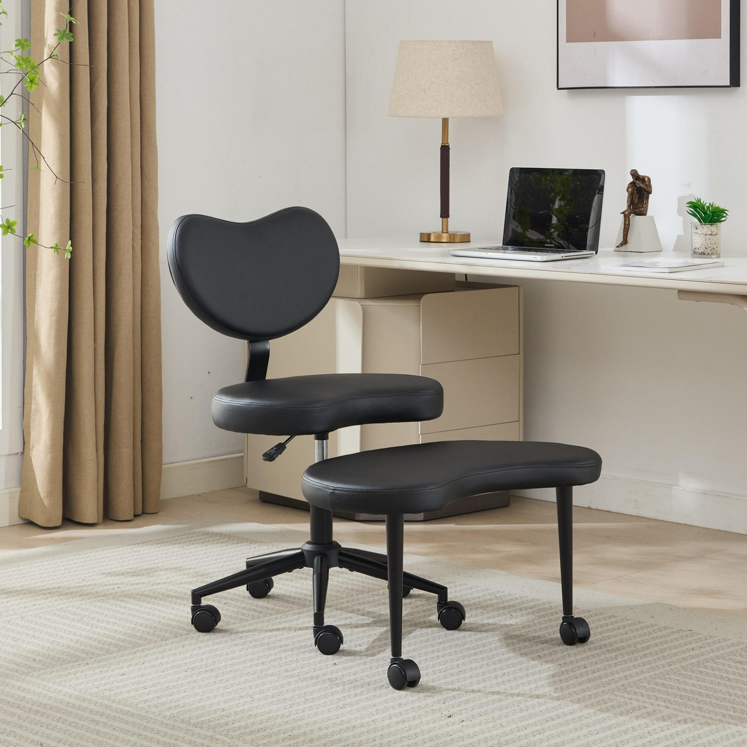Black PU leather office chair with USB port, swivel base, and adjustable height for home office or vanity desk use.