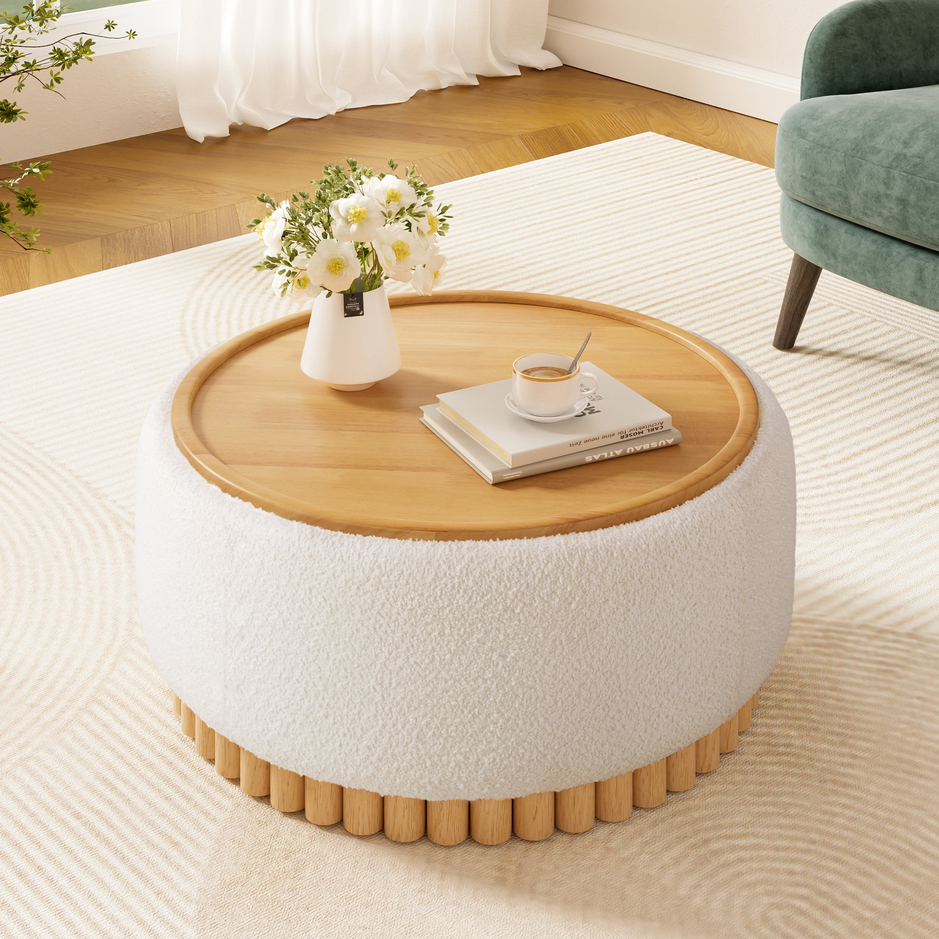 Start2Finish wooden and fabric upholstered ottoman with storage, ideal for living room and lounge spaces.