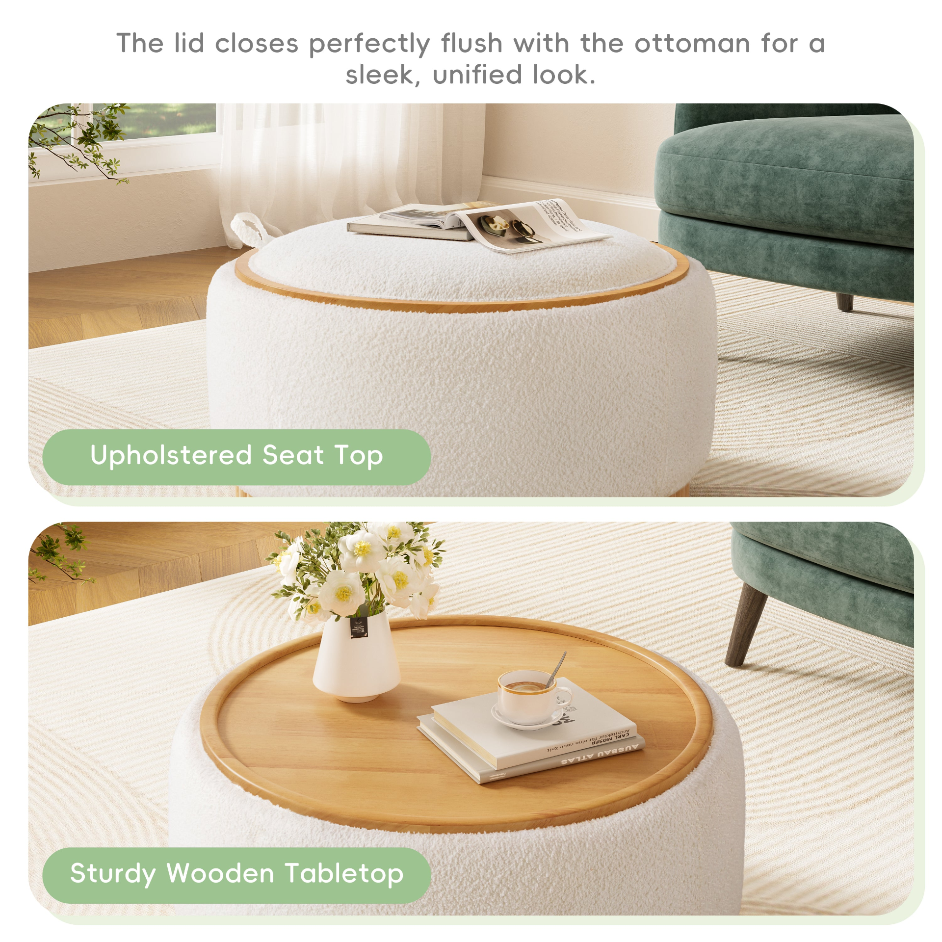 Start2Finish wood and fabric upholstered ottoman with storage, ideal for living room and lounge spaces, featuring a sturdy design and soft cushion.