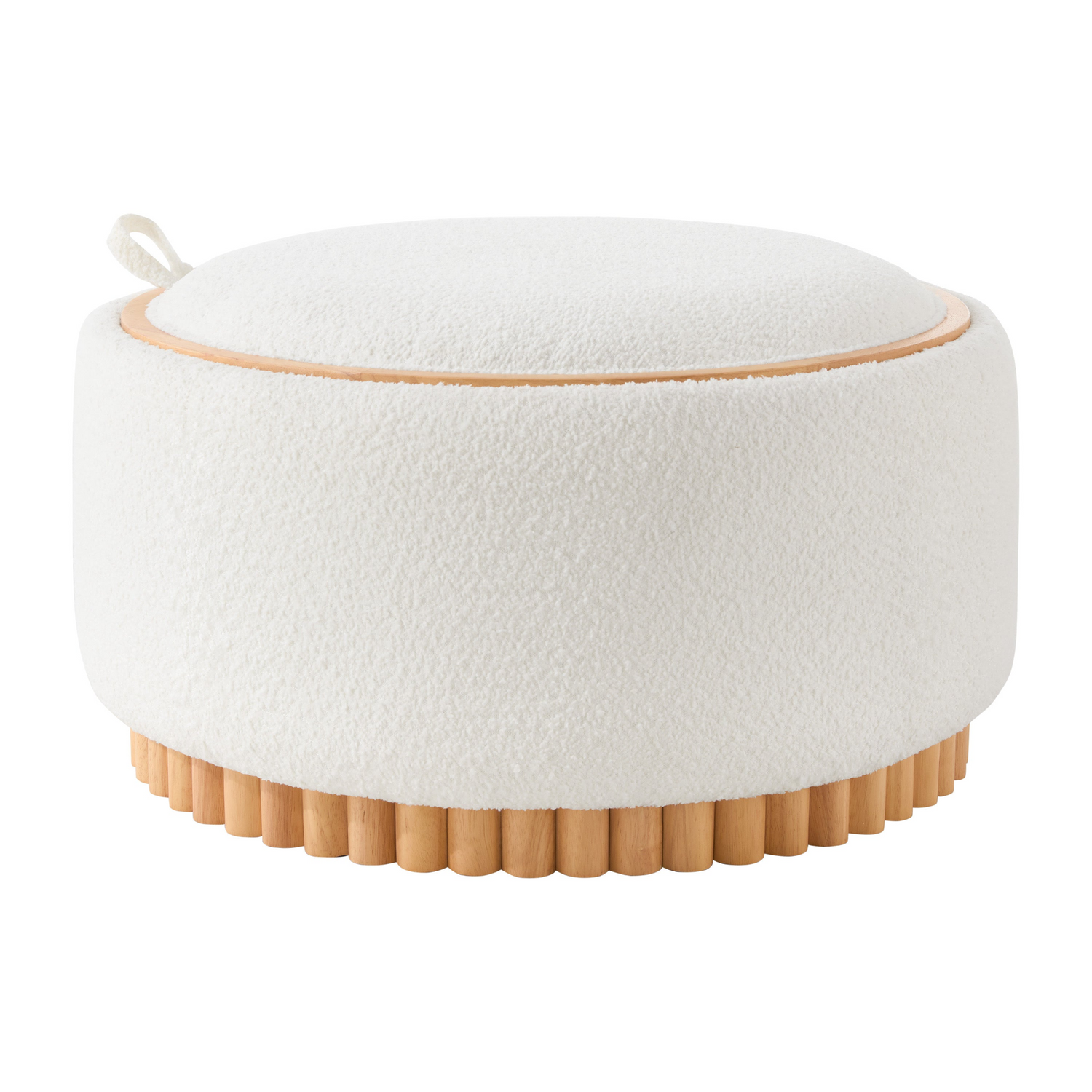 Start2Finish wood and fabric upholstered ottoman with storage, ideal for living room and lounge spaces, showing its top and side view.