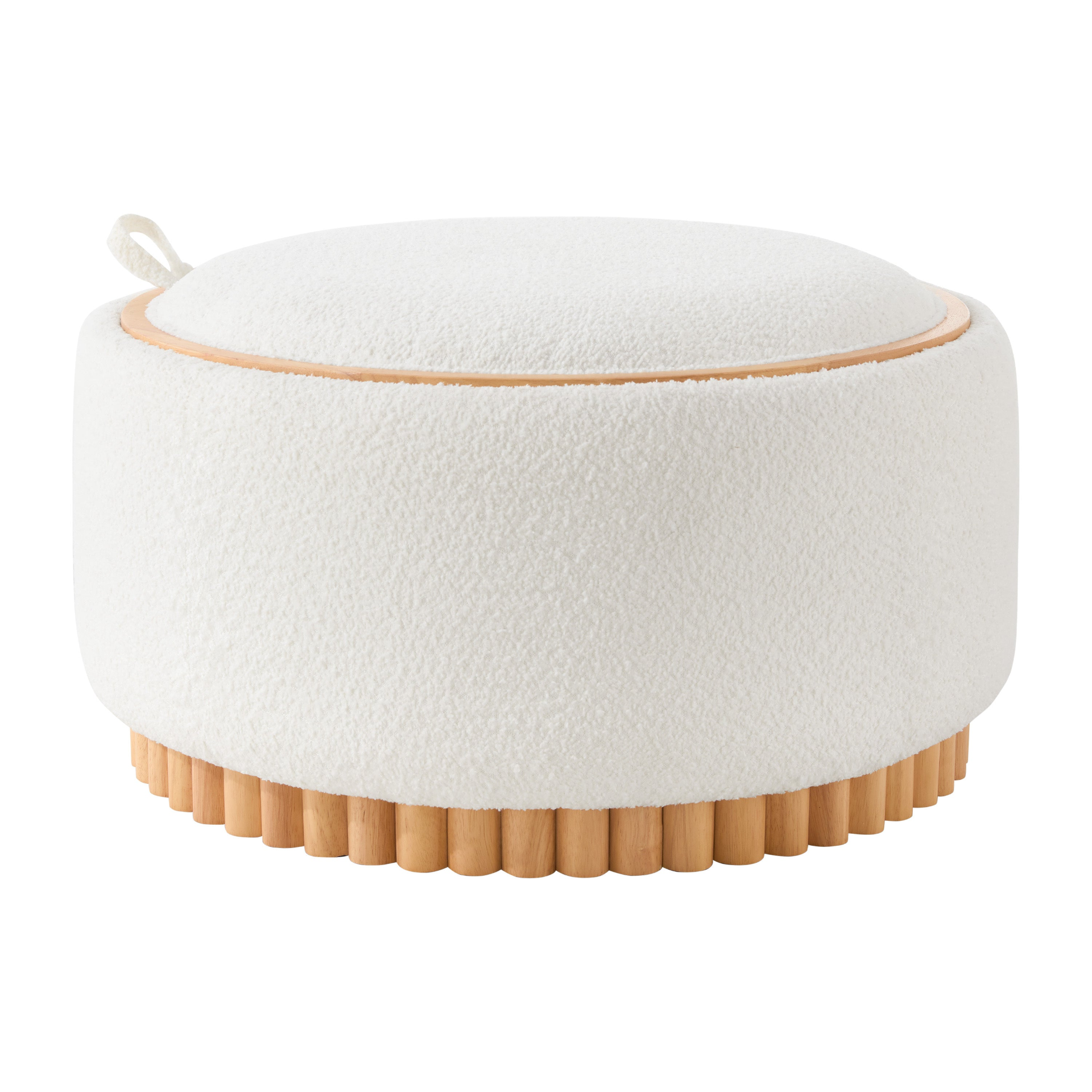 Start2Finish wood and fabric upholstered ottoman with storage, ideal for living room and lounge spaces, showing its top and side view.