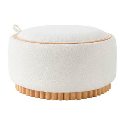 Start2Finish wood and fabric upholstered ottoman with storage, ideal for living room and lounge spaces, showing its top and side view.