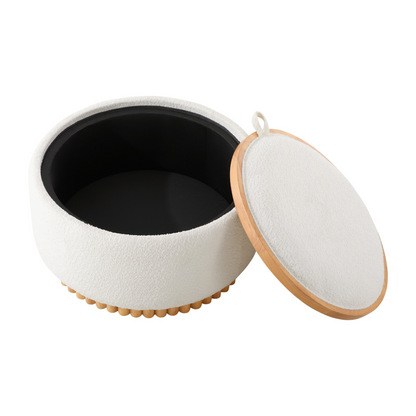 Wood and fabric upholstered ottoman with storage for living room and lounge, featuring a sturdy design and functional style.