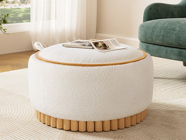 Start2Finish ottoman with wood frame and fabric upholstery, featuring storage space for living room and lounge area.