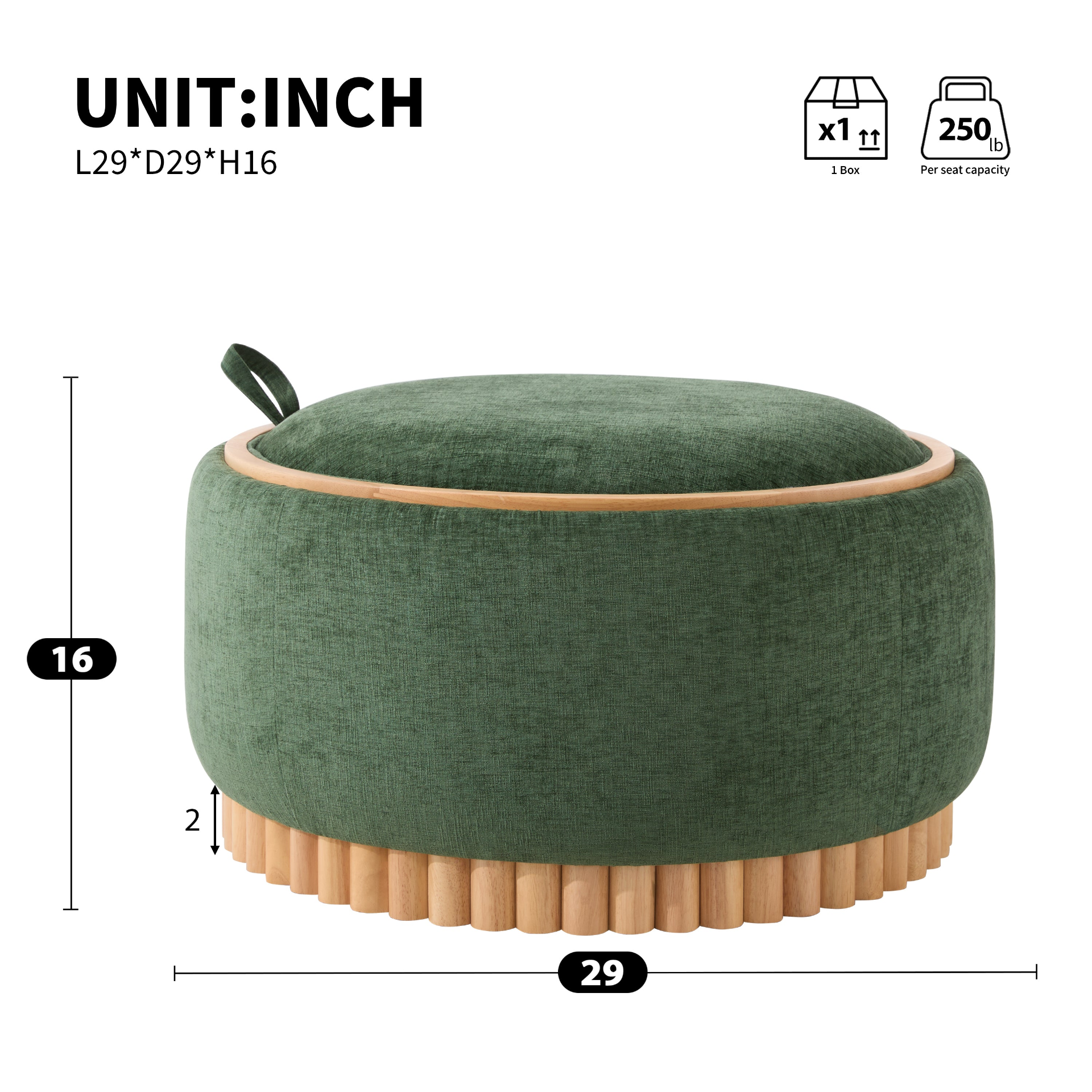 Wood and fabric upholstered ottoman with storage, ideal for living room and lounge spaces, by Start2Finish.