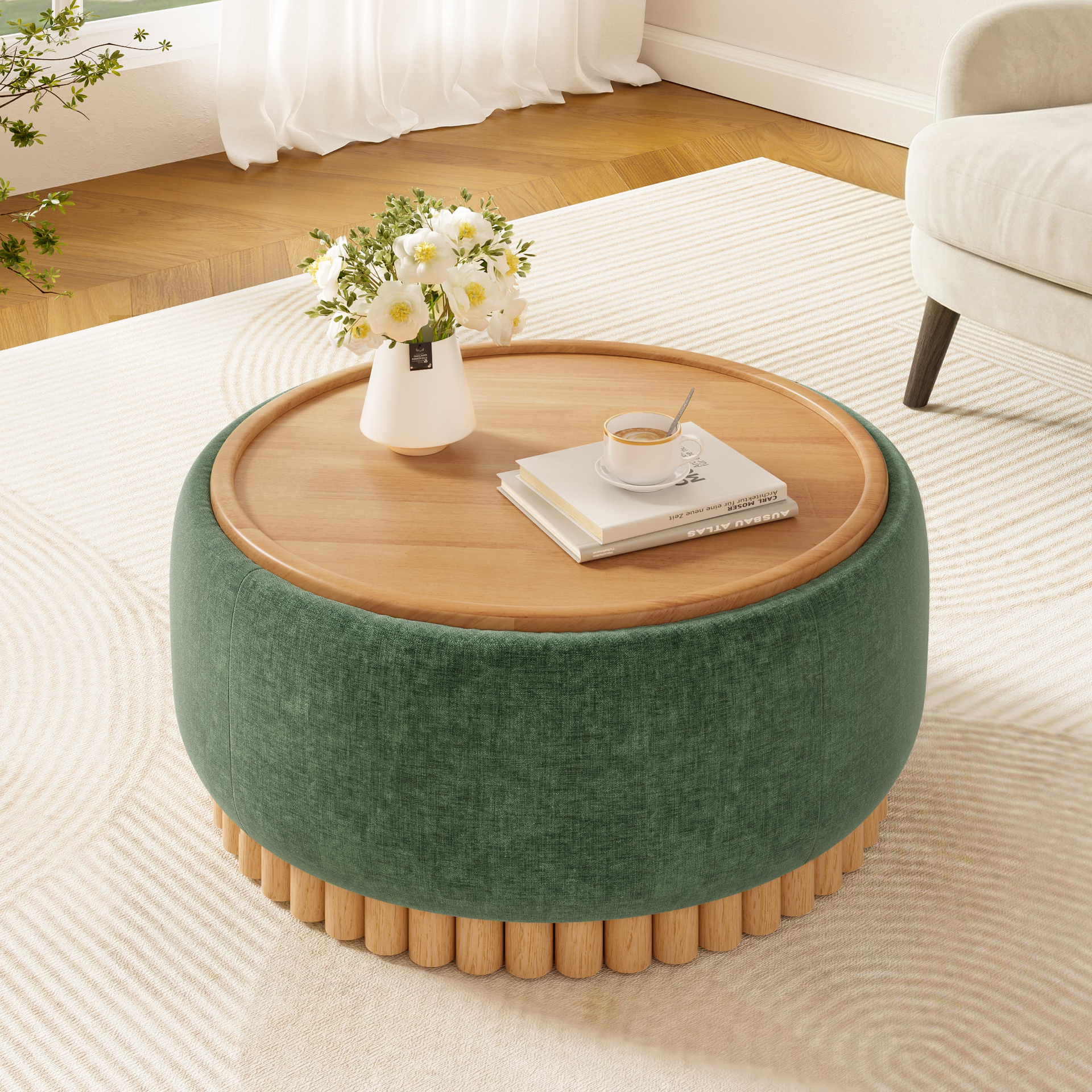 Start2Finish wooden and fabric upholstered ottoman with storage for living rooms and lounge spaces, showing its cushioned top and sturdy frame.