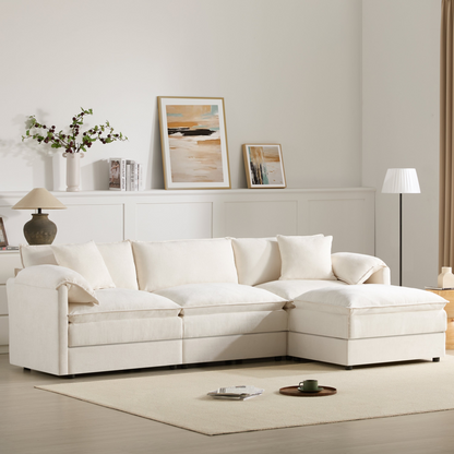 Cream and dark gray chenille sectional sofa with ottoman and modular design, perfect for living room and lounge spaces.