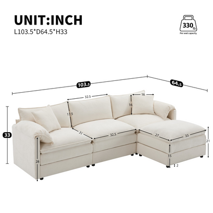 Cream and dark gray chenille sectional sofa with ottoman and modular layout, ideal for modern living room and lounge spaces.