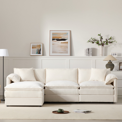 Cream and dark gray chenille sectional sofa with ottoman and modular design for living room and lounge spaces by Start2Finish.