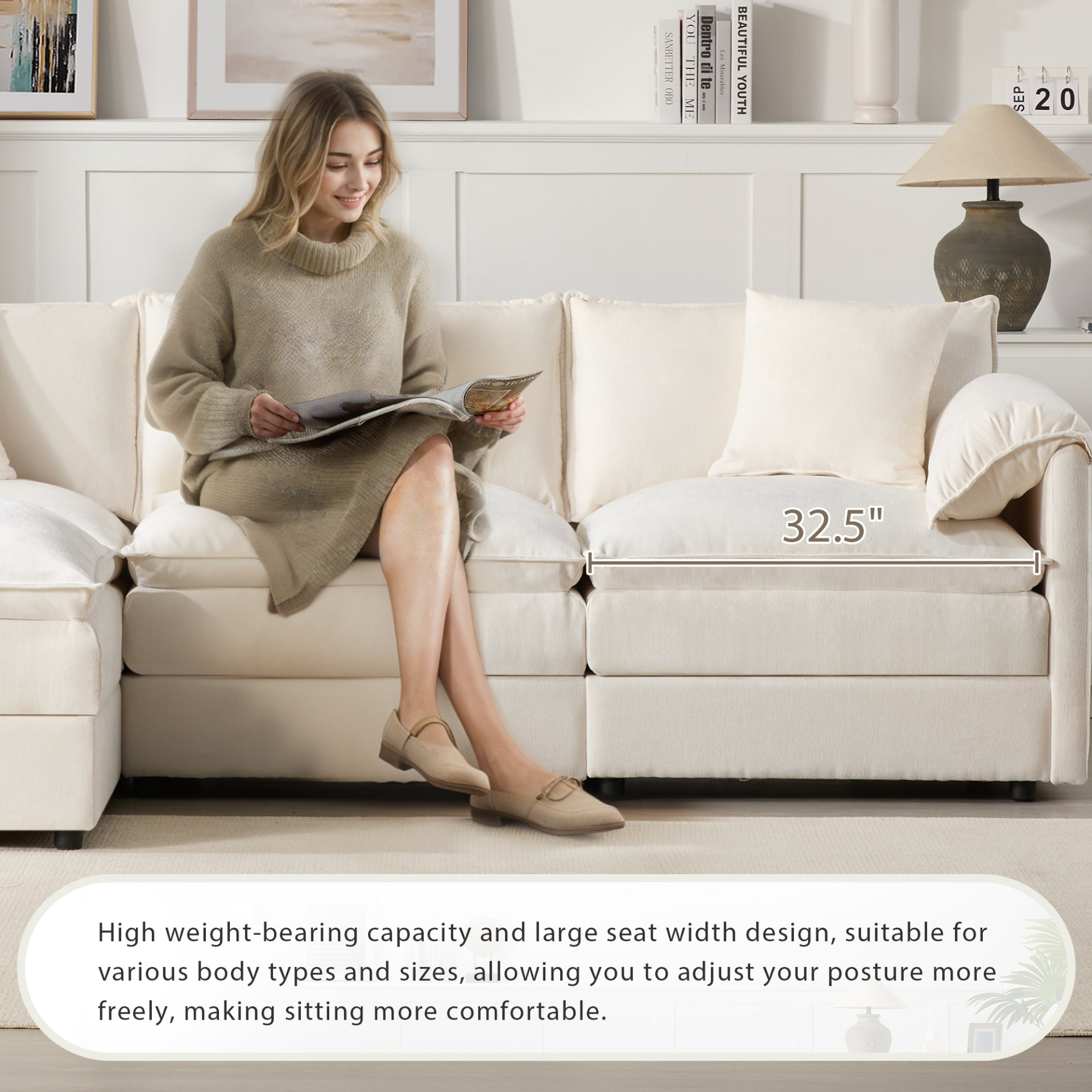Cream and dark gray chenille sectional sofa with ottoman, modular layout, suitable for living room and lounge spaces by Start2Finish.