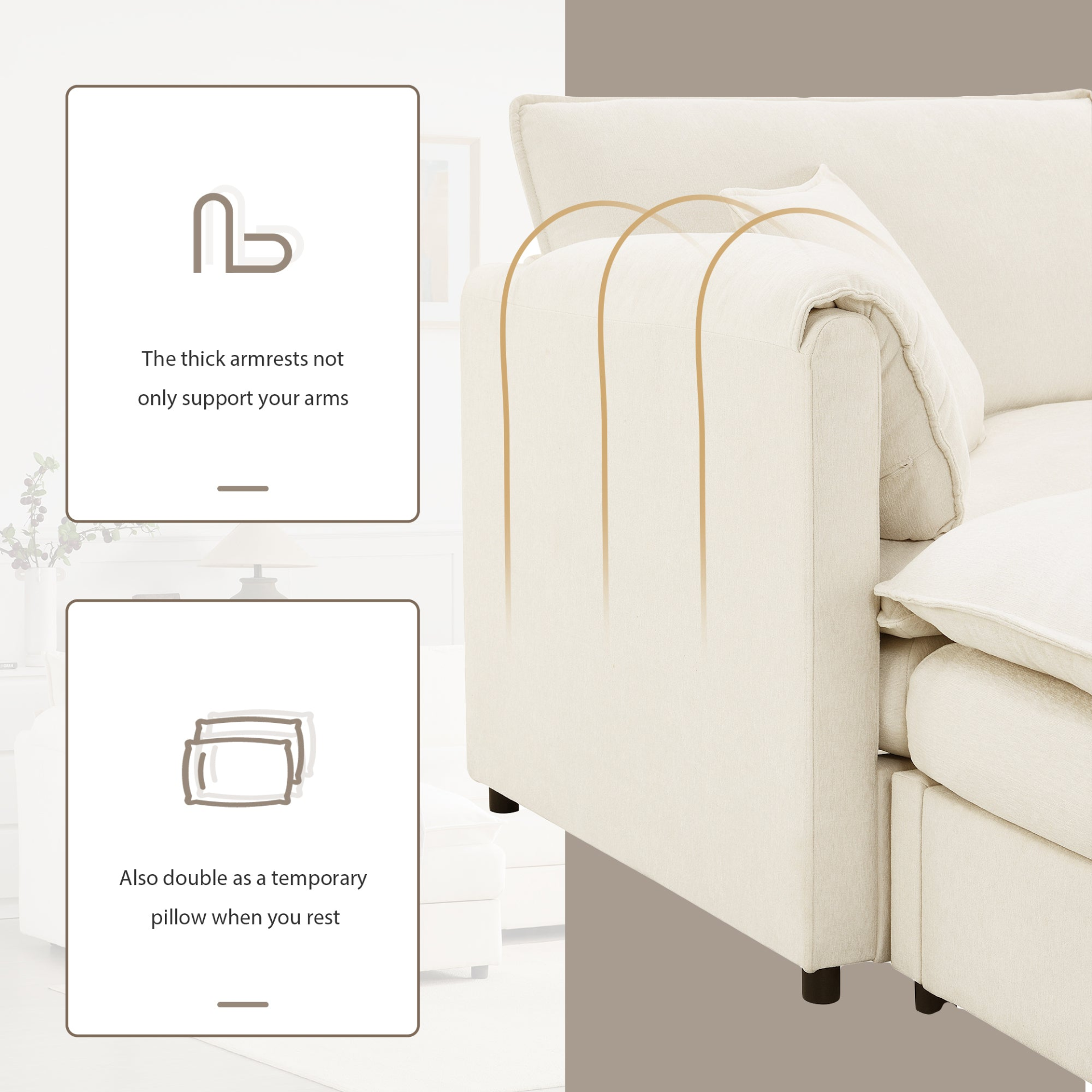 Cream and dark gray chenille sectional sofa with ottoman, modular design, perfect for living room and lounge spaces.