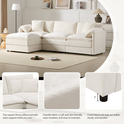 Cream and dark gray chenille sectional sofa with ottoman and modular layout for living room and lounge spaces.