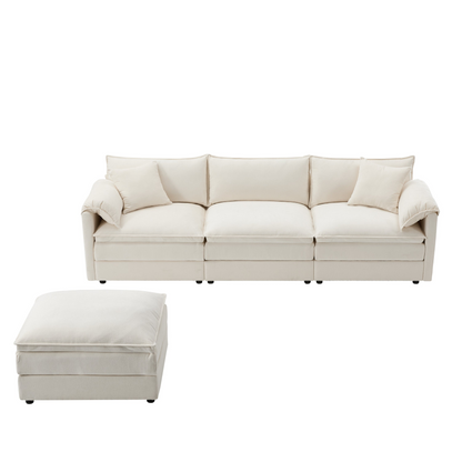 Cream and dark gray chenille sectional sofa with ottoman and modular design for living room and lounge spaces.