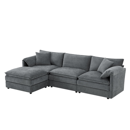 Cream and dark gray chenille sectional sofa with ottoman and modular design, perfect for living rooms and lounge spaces.