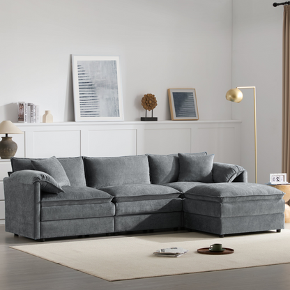 Cream and dark gray chenille sectional sofa with ottoman and modular layout, ideal for living room and lounge spaces.