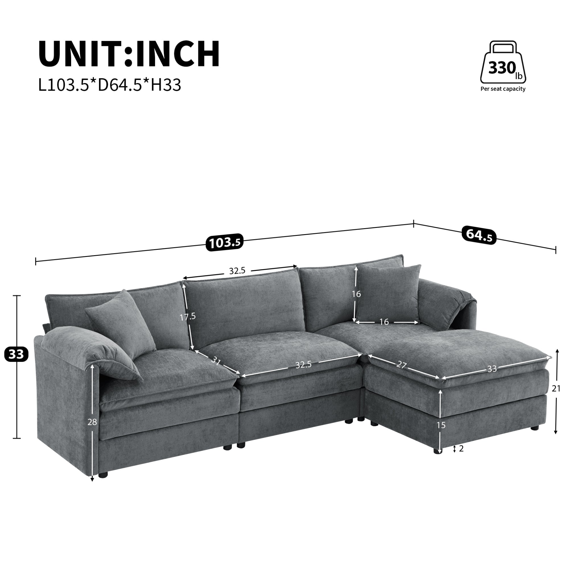 Cream and dark gray chenille sectional sofa with ottoman, modular layout for living room and lounge, by Start2Finish.