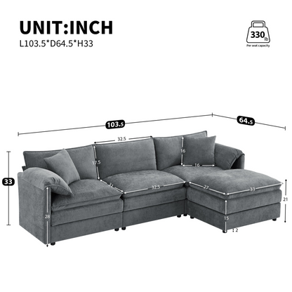 Cream and dark gray chenille sectional sofa with ottoman, modular layout for living room and lounge, by Start2Finish.