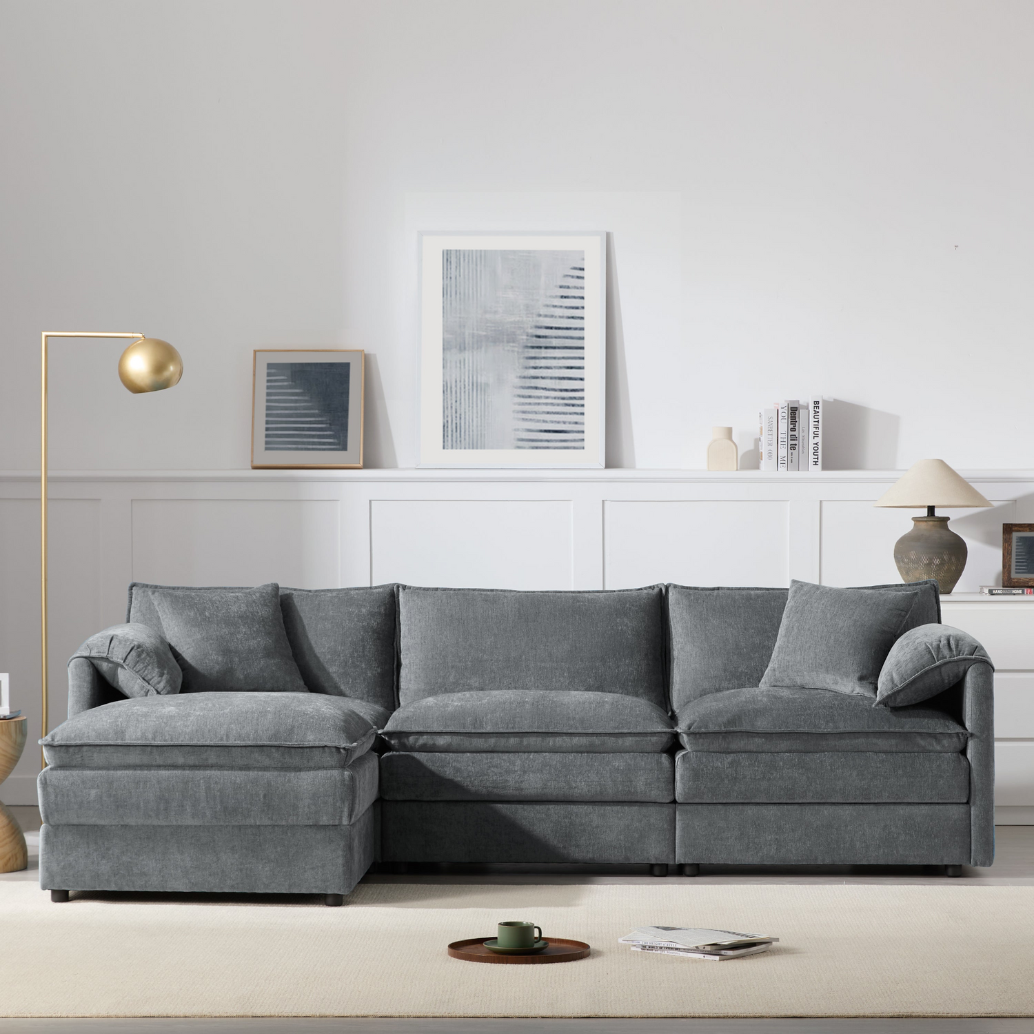 Cream and dark gray chenille sectional sofa with ottoman, modular layout, perfect for living rooms and lounge spaces.