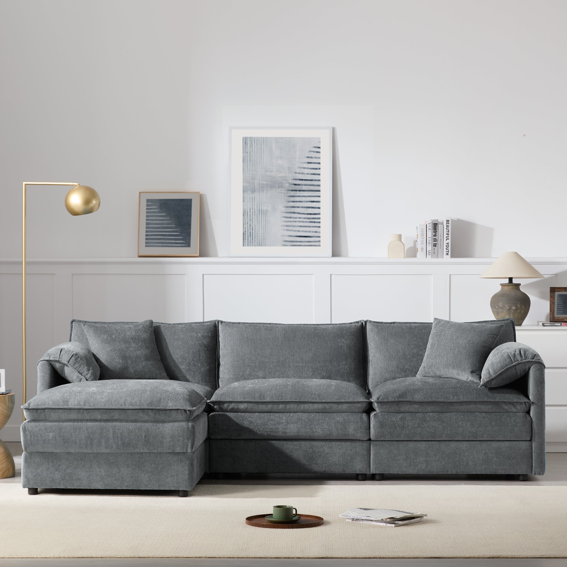 Cream and dark gray chenille sectional sofa with ottoman, modular layout, perfect for living rooms and lounge spaces.