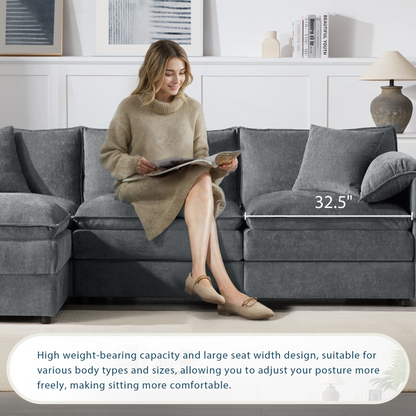 Cream and dark gray chenille sectional sofa with ottoman, modular layout, perfect for living room and lounge spaces by Start2Finish.