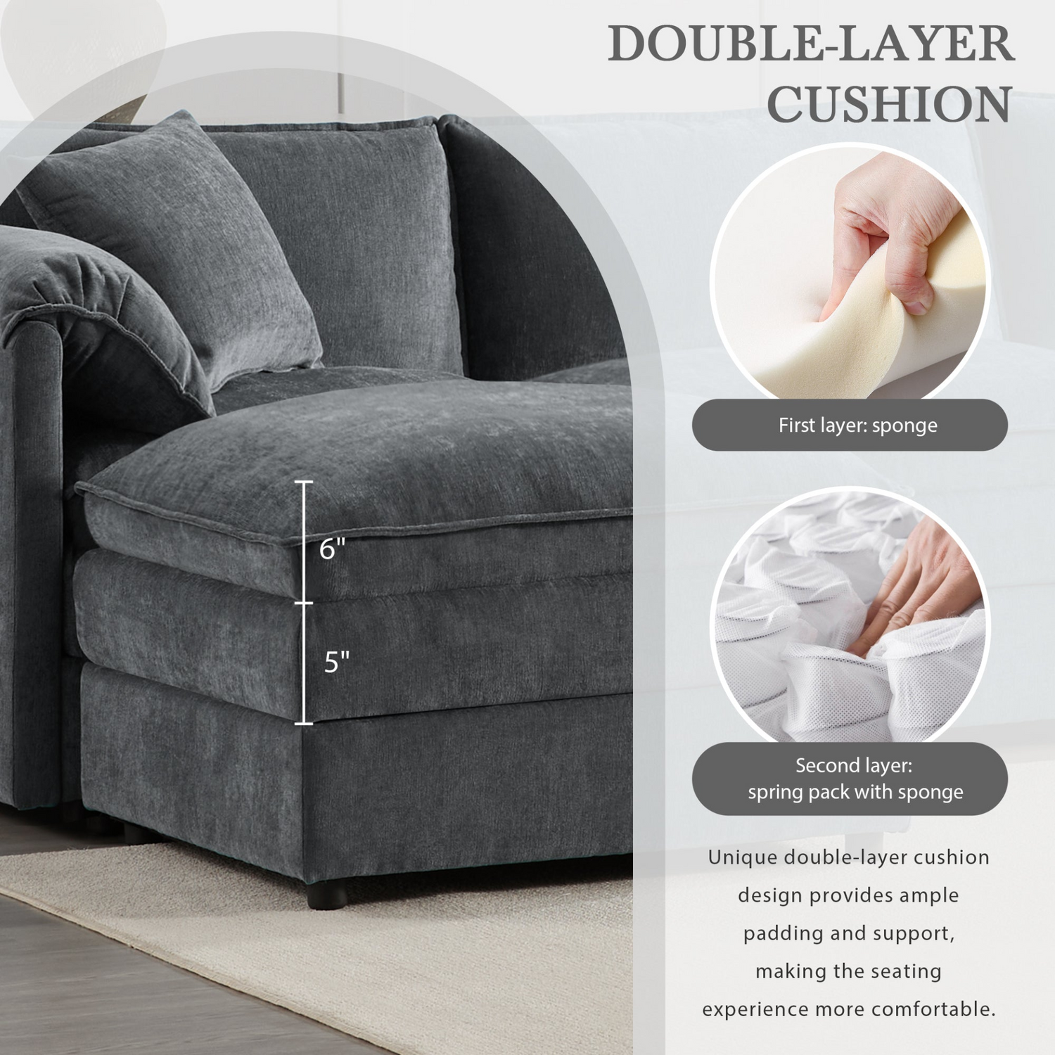 Cream and dark gray chenille sectional sofa with ottoman and modular layout, ideal for living room and lounge spaces.