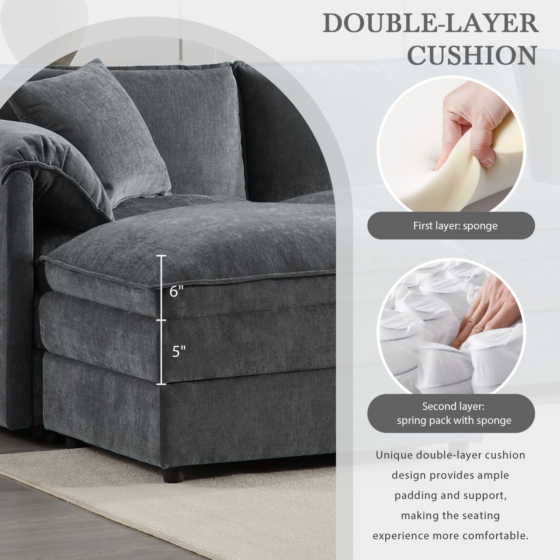 Cream and dark gray chenille sectional sofa with ottoman and modular layout, ideal for living room and lounge spaces.