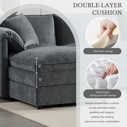 Cream and dark gray chenille sectional sofa with ottoman and modular layout, ideal for living room and lounge spaces.