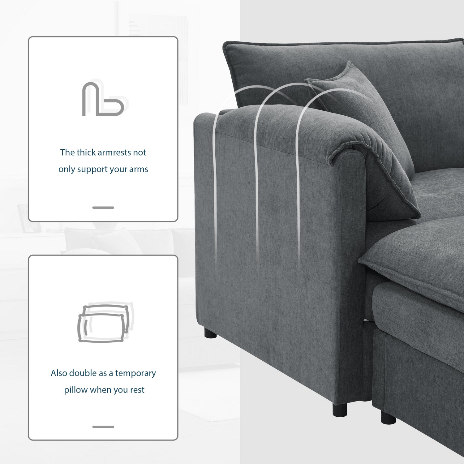 Cream and dark gray chenille sectional sofa with ottoman and modular layout, ideal for living rooms and lounge spaces.