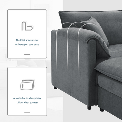 Cream and dark gray chenille sectional sofa with ottoman and modular layout, ideal for living rooms and lounge spaces.