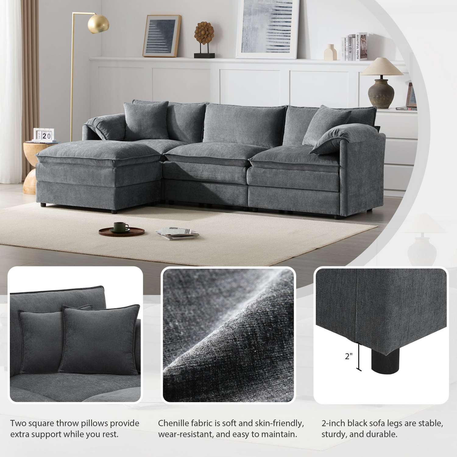 Start2Finish sectional sofa in cream and dark gray chenille with ottoman and modular design for living room relaxation.
