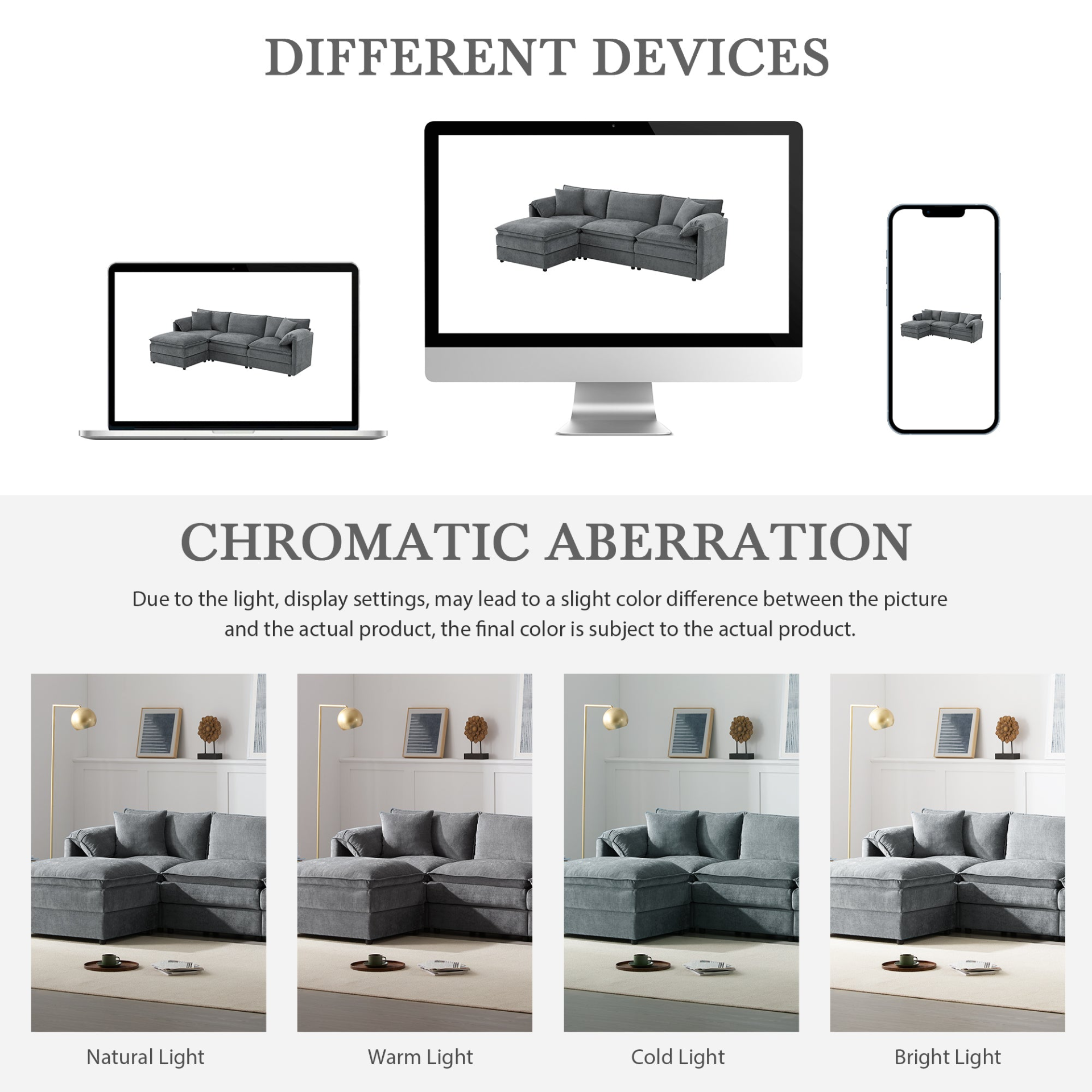 Cream and dark gray chenille sectional sofa with ottoman, modular layout for living room and lounge by Start2Finish