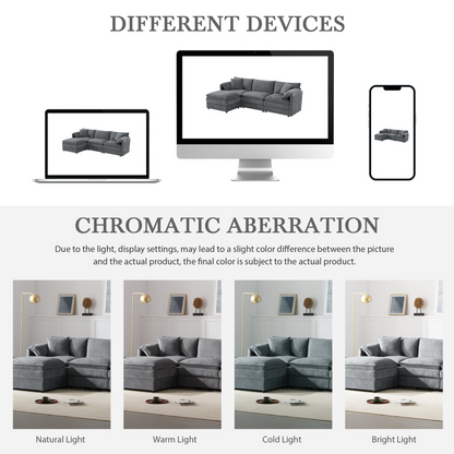 Cream and dark gray chenille sectional sofa with ottoman, modular layout for living room and lounge by Start2Finish