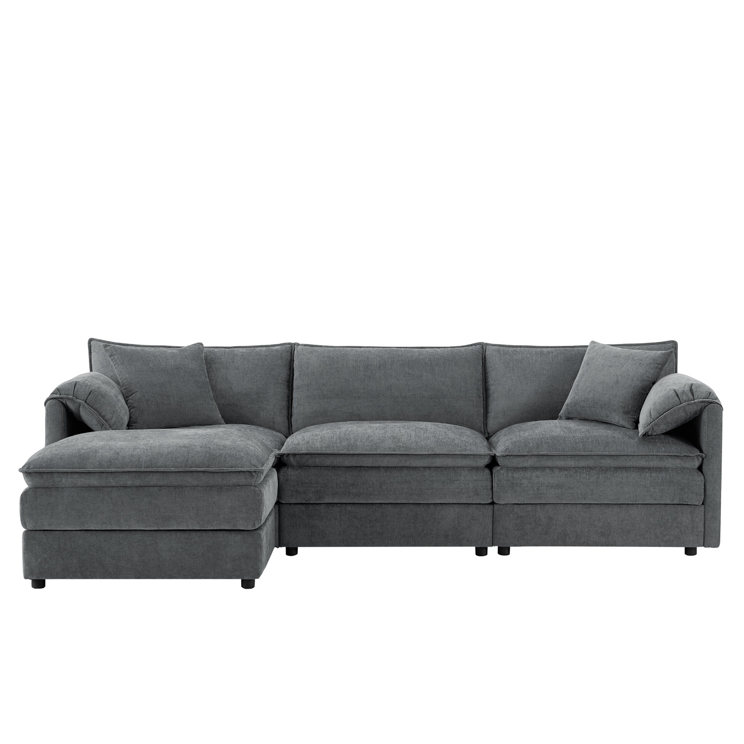 Cream and dark gray chenille sectional sofa with ottoman, modular design by Start2Finish for living room and lounge spaces.