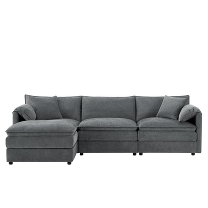 Cream and dark gray chenille sectional sofa with ottoman, modular design by Start2Finish for living room and lounge spaces.